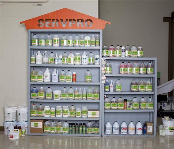 Shelf full of SERVPRO cleaning products